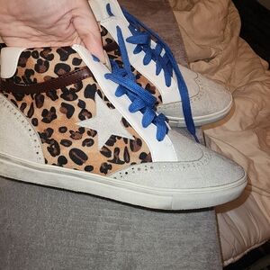 Leopard Print Women's Sneakers with Blue Laces